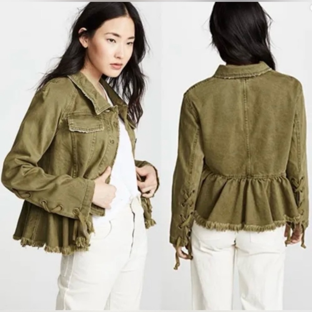 Free People Willow Denim Jacket Green Peplum Size Medium